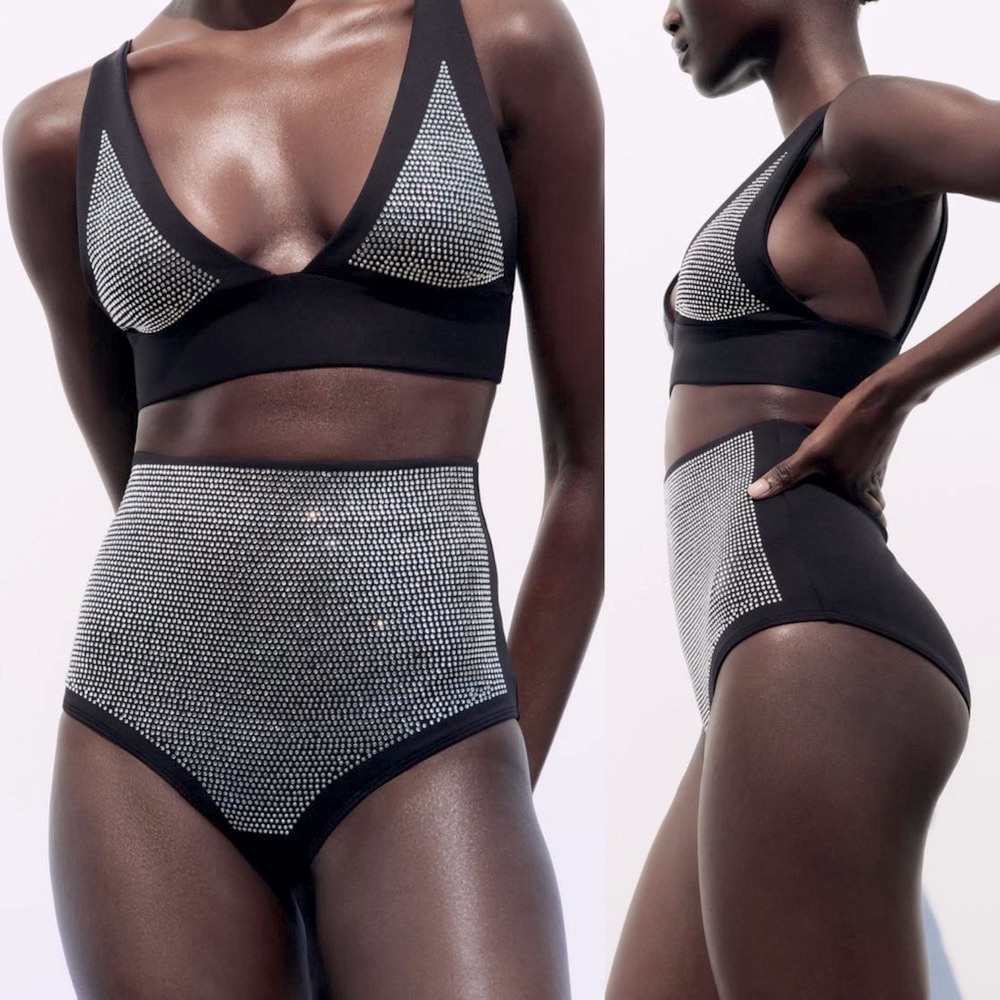 Zara Bathing Suit BOTTOMS BIKINI PANTIES W/ A HIGH WAIST & RHINESTONES Black NEW